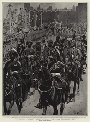 De Indische Cavalerie-escorte passeert de Royal Societies